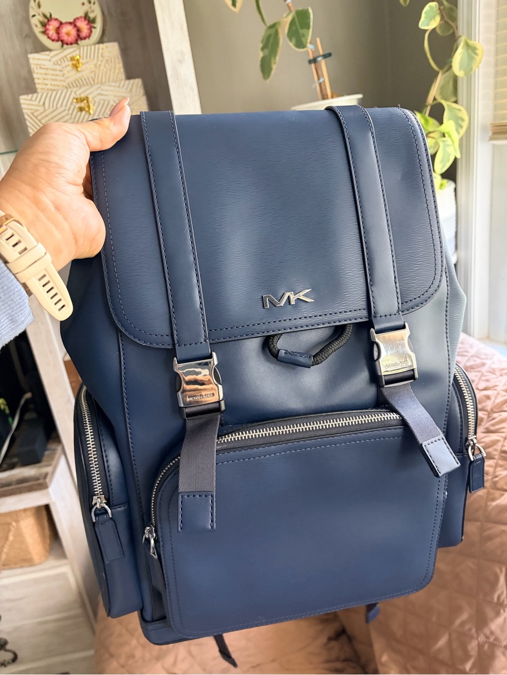 Michael Kors Men's Navy Leather Logo Backpack